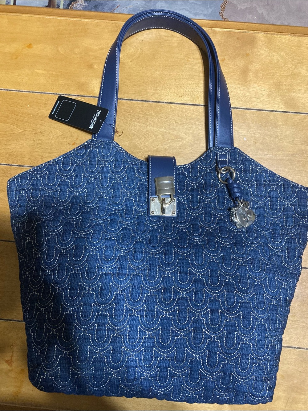 NWT True Religion Navy Denim Tote with Gold Accents